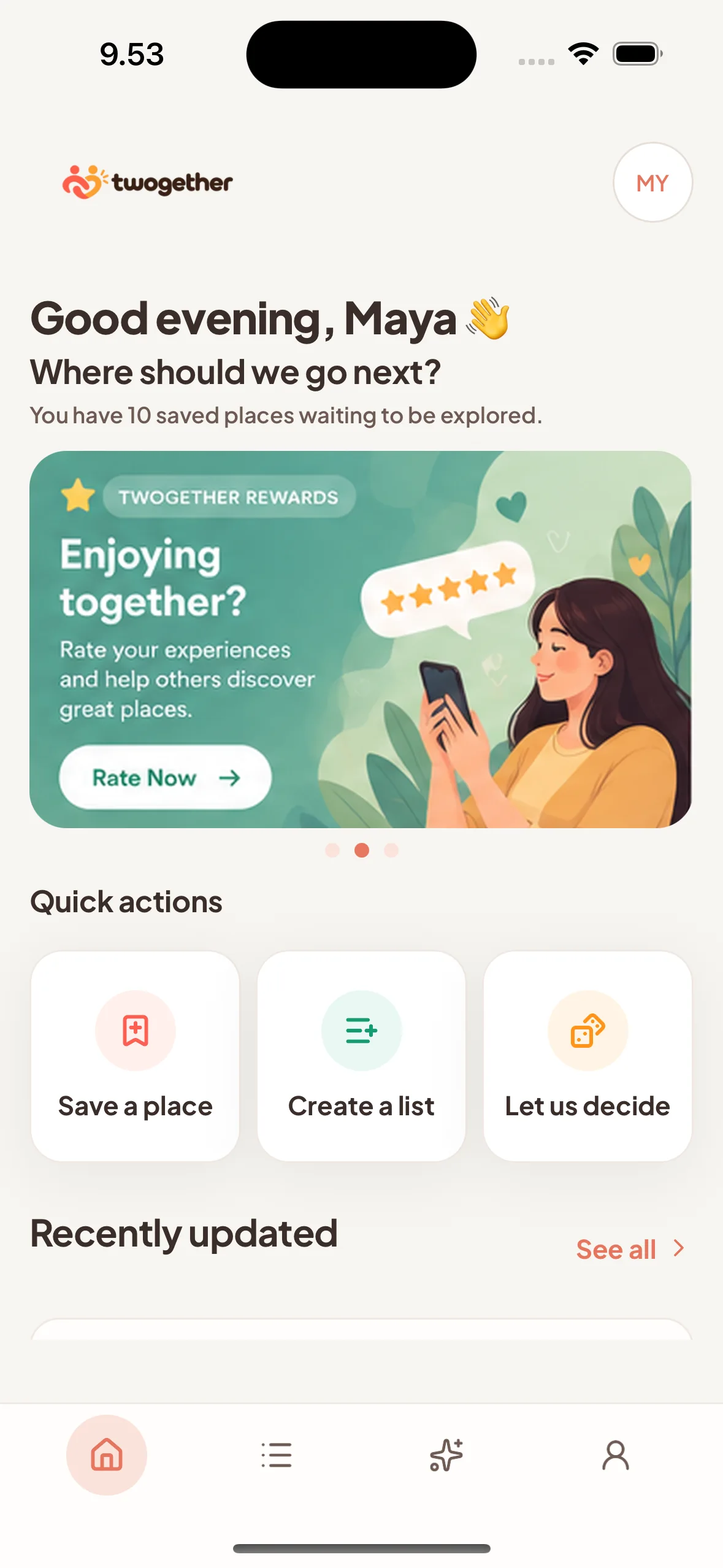 Twogether home screen with quick actions and saved lists