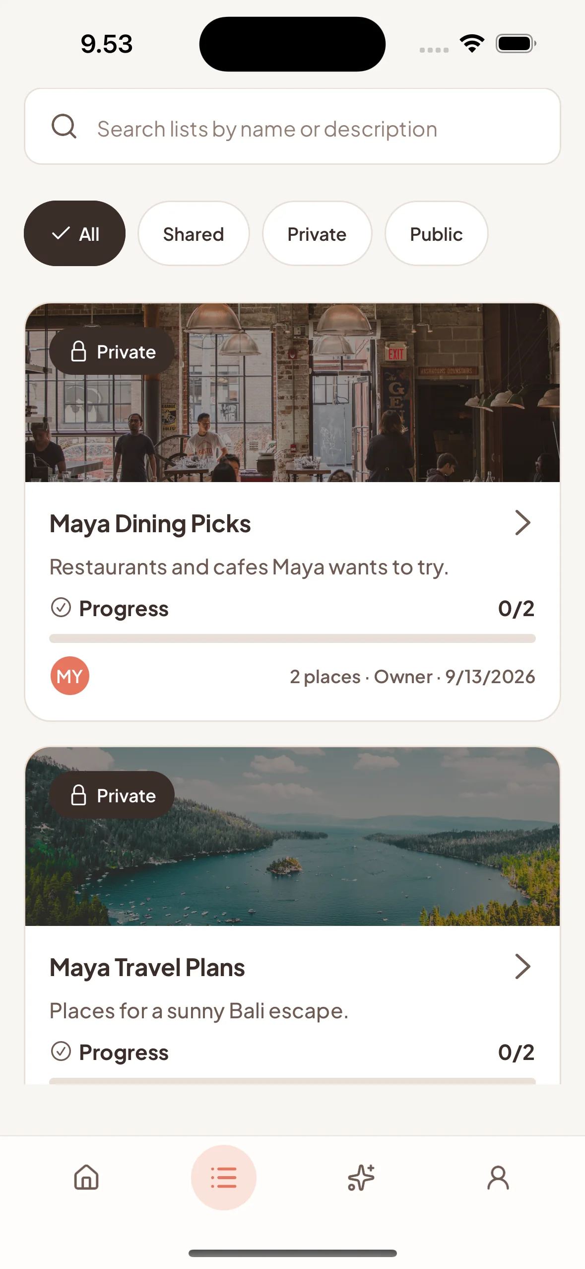 Twogether shared lists screen