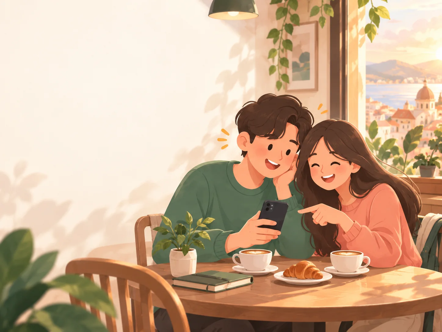 A couple planning their next place together at a cafe