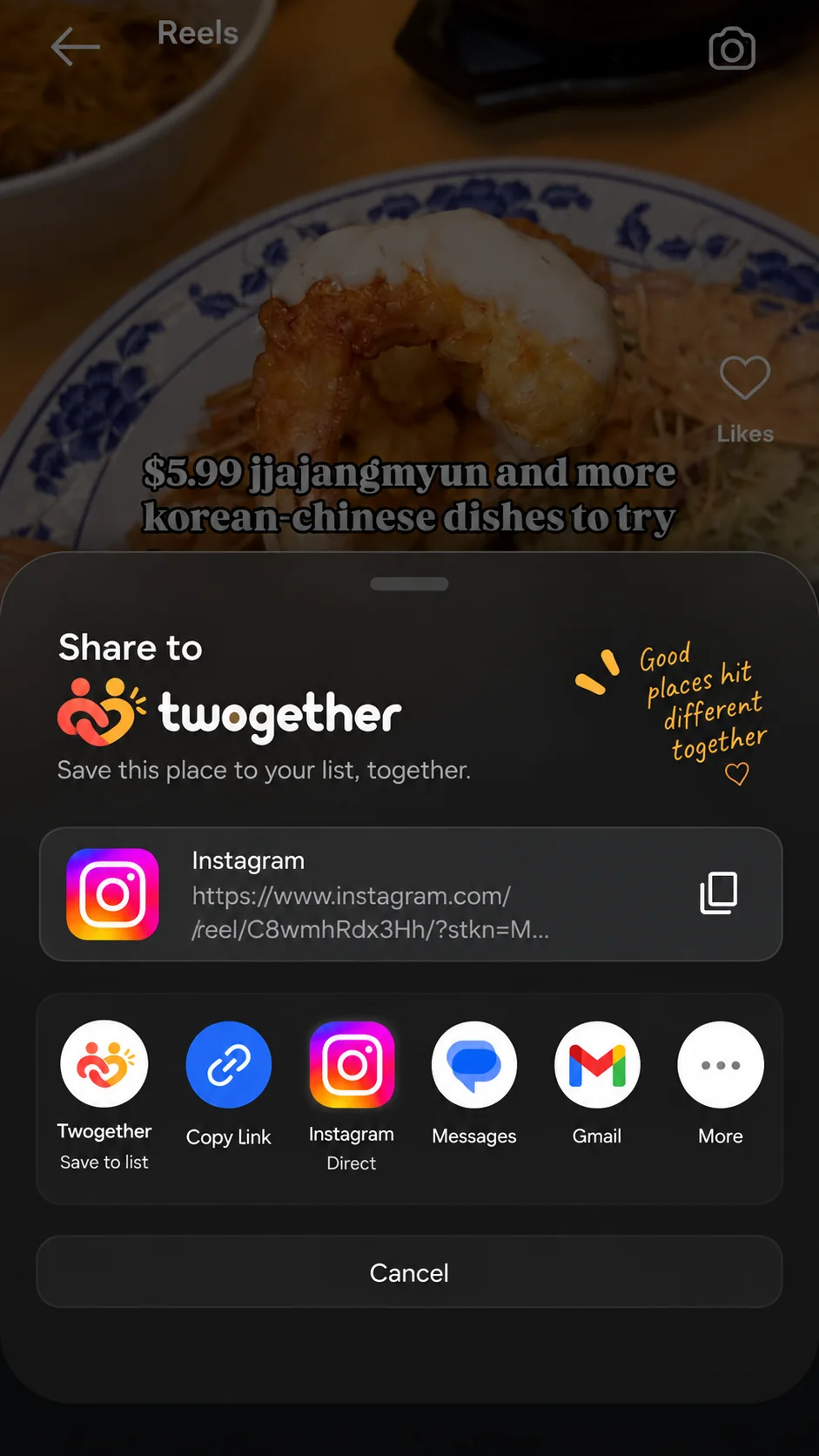 A phone share sheet with Twogether as a sharing option